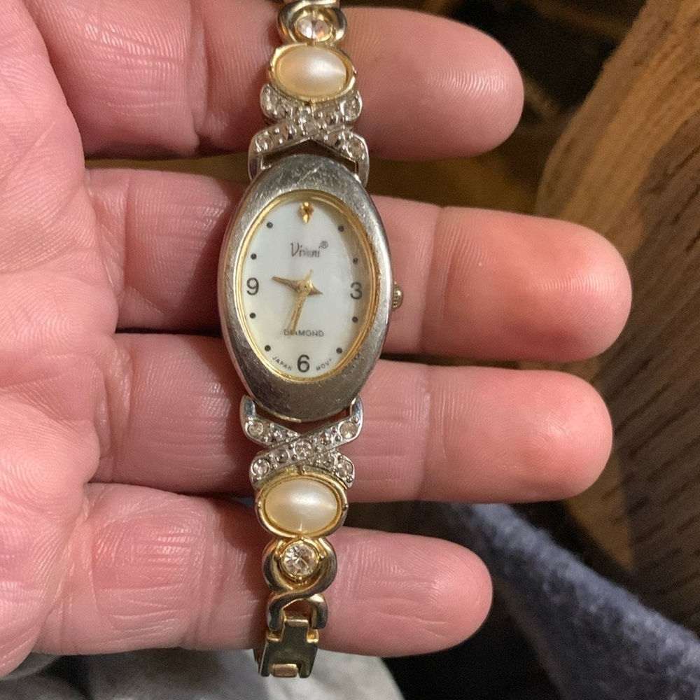 Vivani Watch Women Diamond 19mm Gold Tone Oval MOP Bracelet Band